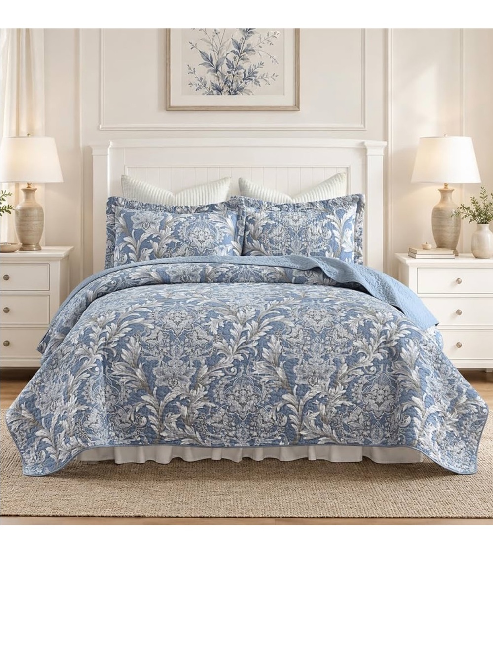100% Cotton Blue Floral King Quilt Set Luxury Damask 106x98 3 Pcs
Reversible
